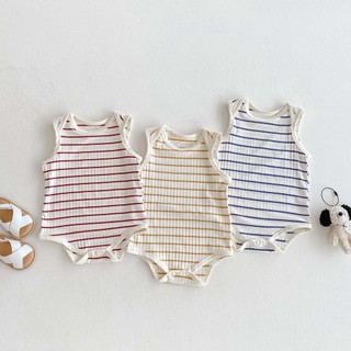 Ins Mùa Hè Trẻ Sơ Sinh Đơn Giản Retro 3 Màu Sọc Họa Tiết Cotton Mềm Mại Và Thoáng Khí Áo Liền Quần Không Tay Quần Áo Cho Bé 0-24 Tháng