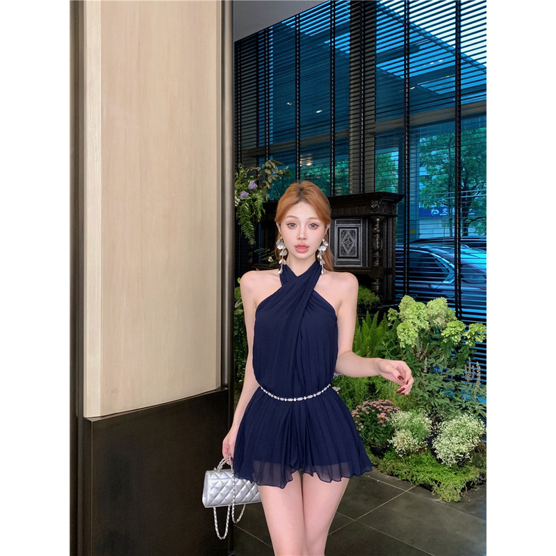 Xyzkuli Váy dây Hàn Quốc Váy xanh nữ Váy xếp ly màu xanh Váy một mảnh