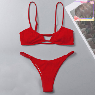 [Mac] 2 Cái / bộ Bộ Đồ Bơi Nữ Dây Đeo Spaghetti Màu Trơn Rỗng Ra Lưng Cao Cấp Mềm Mại Nhanh Khô Phụ Nữ Bechwear Bộ Đồ Tắm Bikini