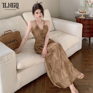 Tian-lianhaogeqiu  Váy cổ chữ v dây dành cho nữ mùa hè lưng lưng lưng váy dài gợi cảm váy chữ a màu nâu