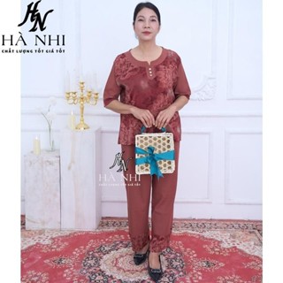  Bộ trung niên sang trọng cho mẹ chất lụa MANGO tặng mẹ tặng bà tay ngắn quần dài cổ áo phối lụa trơn Hà Nhi Shop 