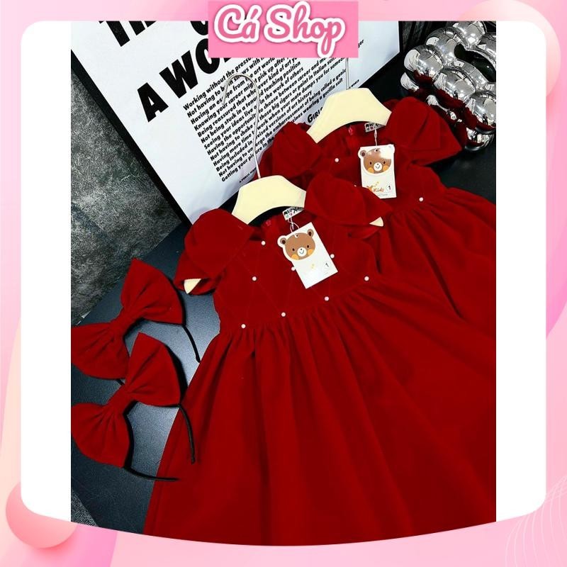 Váy đầm nhung đỏ kèm bờm nơ Bạch tuyết cho bé gái