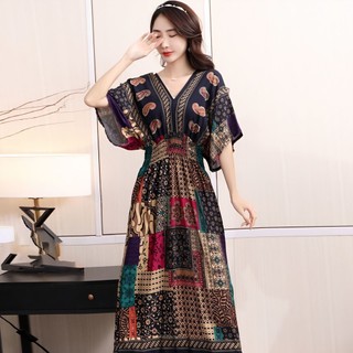 Mùa Hè Mới Bohemian Cotton Lụa In Hình Cổ Chữ V Thời Trang Tính Khí Cao Cấp Giảm Béo Đi Biển Đầm Phù Hợp Với Du Lịch Kỳ Nghỉ Chữ A Váy YTN5