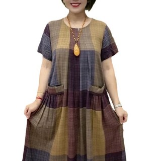 Rời Plus Kích Thước Đầm Mới Phong Cách Hàn Quốc Nữ Mùa Hè Thường Ngày Baggy A Line Midi Đầm Mẹ Trung Niên Quần Áo Kẻ Sọc