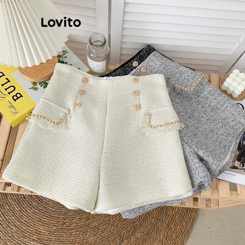 Quần short Lovito cài nút đôi màu trơn phong cách thường ngày cho nữ LNE51308