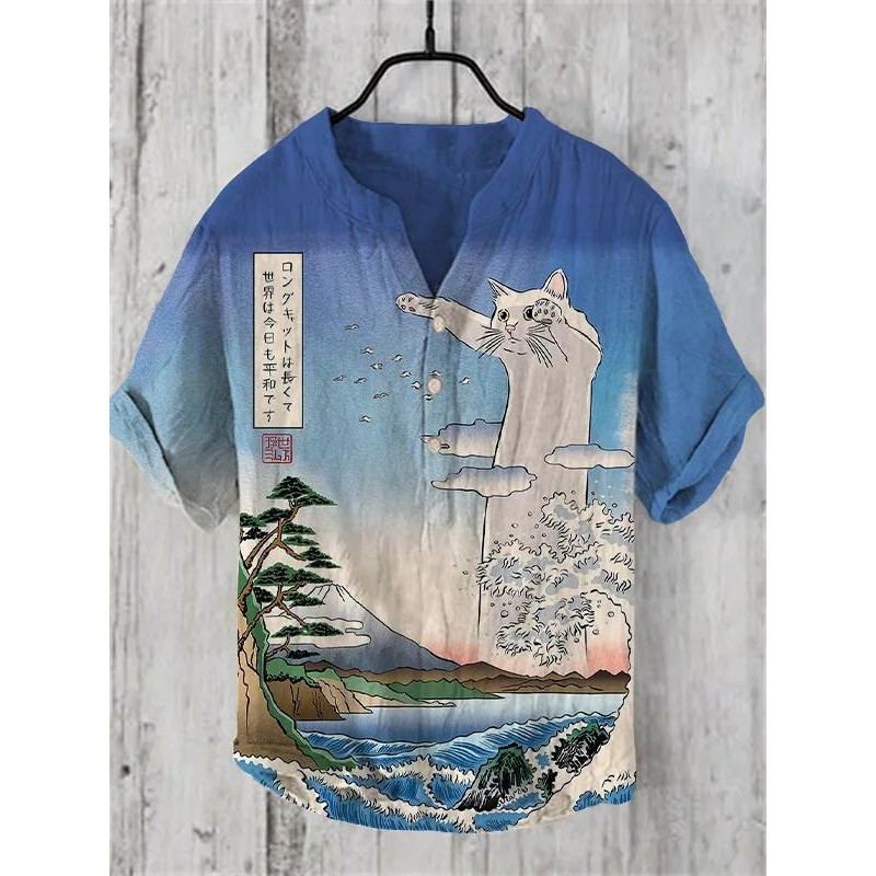 Mới In Hình Cổ Chữ V Ngắn Tay Áo Sơ Mi Ngoại Thương Thời Trang Dáng Rộng Áo Thun Áo Sơ Mi Vải Lanh Tre Áo Sơ Mi top