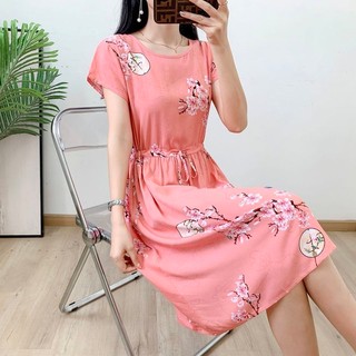 Có túi Váy lụa Cotton dài vừa phải dành cho nữ mùa hè Váy Cotton nhân tạo hoa cỡ lớn