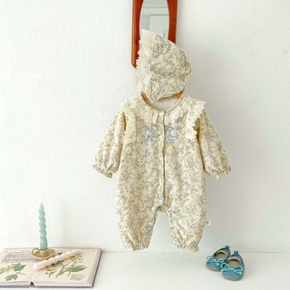 2024 Phong Cách Mới Jumpsuit Phiên Bản Hàn Quốc Xuân Thu Phong Cách Cho Bé Dài Tay Ren Mở Nút Jumpsuit Bé Gái Hoa Lông Cừu Áo Liền Quần Có Mũ Trùm Đầu Quần Áo