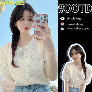Áo sơ mi họa tiết hoa búp bê cổ tròn tay MAIFUWEIShort dành cho quần áo nữ thời trang