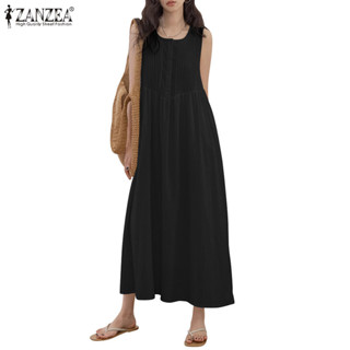  Zanzea Váy chữ A sọc không tay cổ chữ U giản dị Hàn Quốc dành cho nữ 