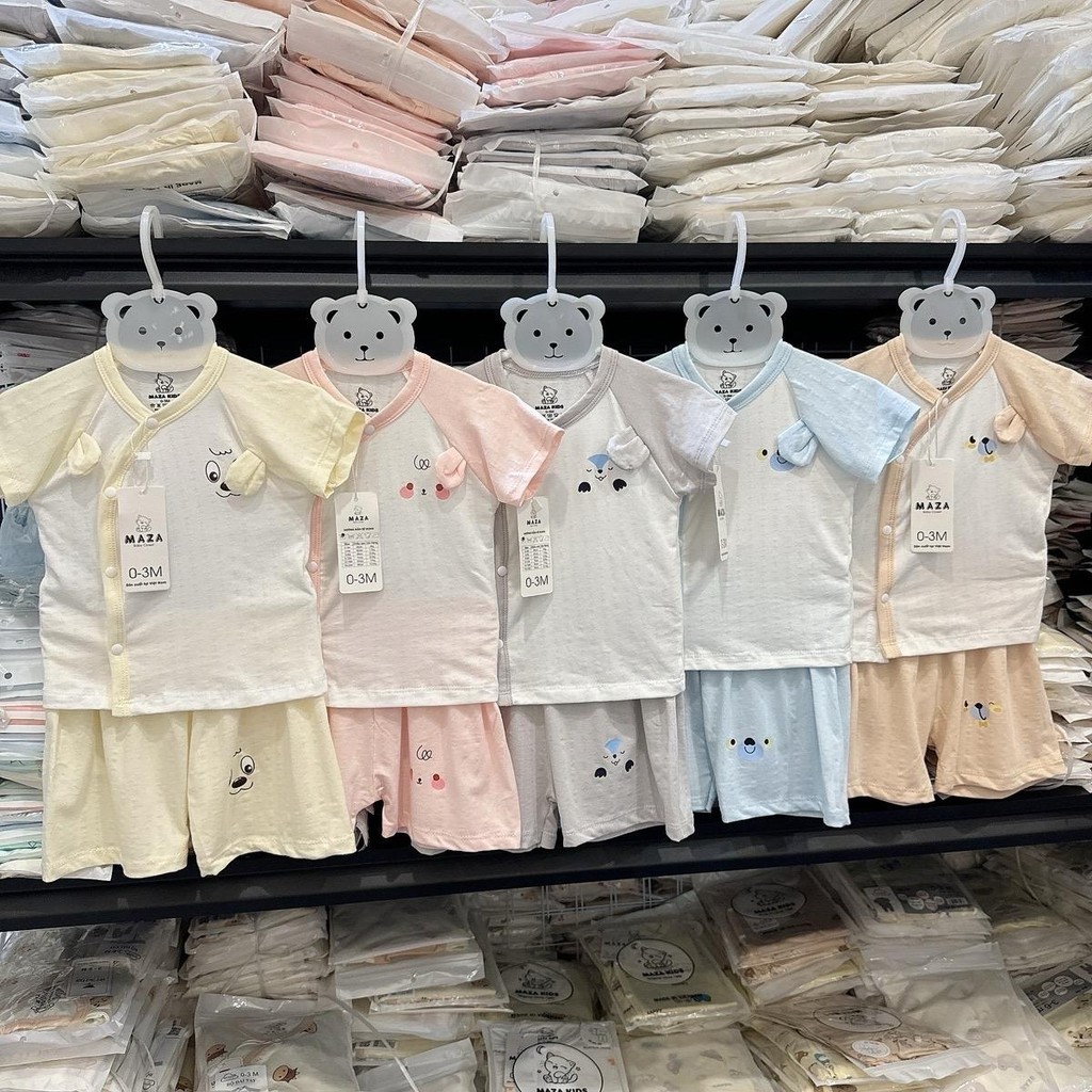 Bộ quần áo cộc tay MZ chất petit thông hơi màu phối trắng in thú cho bé 0-9 tháng MZ.BC83