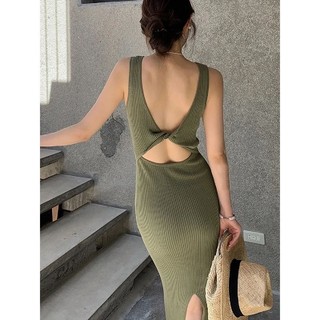 Hot Girl Đầm Đơn Giản Dây Dệt Kim Nữ Thiết Kế Mùa Hè Cảm Thấy Làm Mới Màu Trơn Ôm Không Tay Gợi Cảm Chặt Áo Dài
