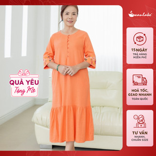  - Váy Đầm Trung Niên Vải Linen Thêu Hoa Tay Lỡ Có Túi Tặng Mẹ Phom Suông A Đuôi Cá Qua Gối - D11490