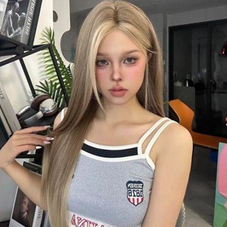   Mẫu Châu Á  Ren trán Mỹ Retro California Hot Girl Golden Brown Highlight Gradient Tóc thẳng giữa L21-110 