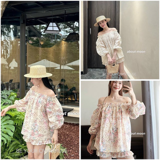 Sét áo sơ mi thô trễ vai tay lỡ dúm + quần sooc bèo - caboxin