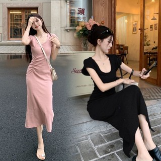 Váy ngắn tay nữ eo giảm béo qua đầu gối váy dài