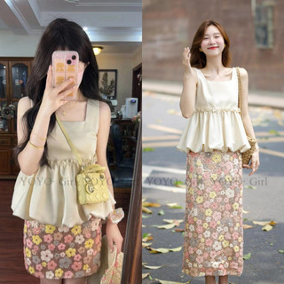 Yoyo ~ hàn quốc váy ngắn nữ phù hợp với áo sling nữ + váy ngắn hoa đính kim sa lấp lánh váy hông bộ đồ hai mảnh