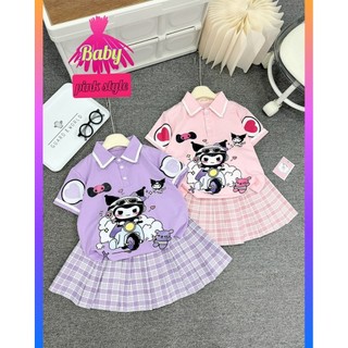 (15kg-42kg)sét áo phối chân váy in họa tiết KUROMI ngộ nghĩnh, áo thun cotton chân váy kaki thô xếp li xinh cho bé gái