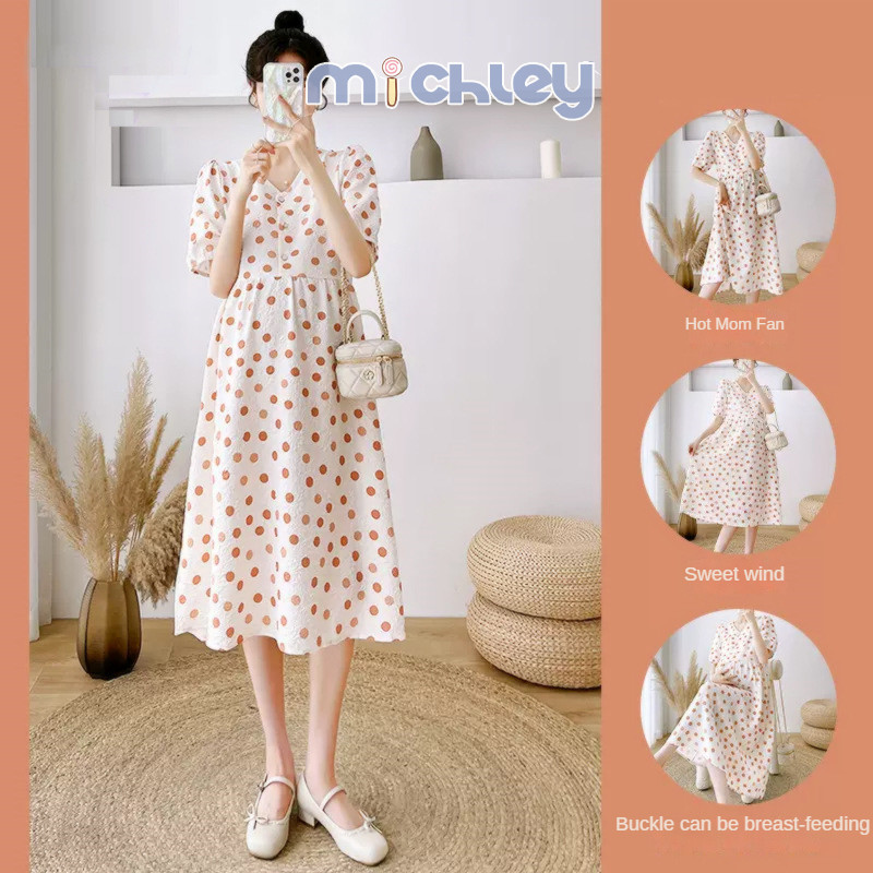 Michley Phụ nữ mang thai váy mùa hè, dáng rộng và cỡ lớn, váy chữ A giảm béo, váy mùa hè chấm bi cho bà bầu