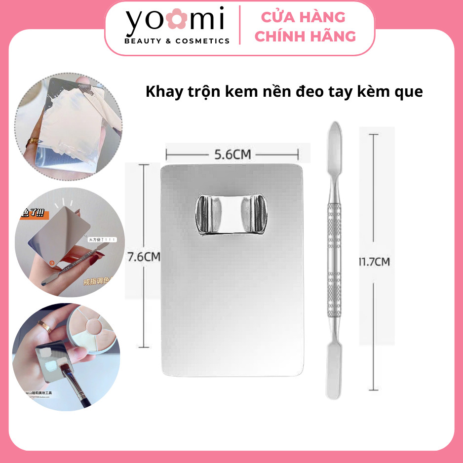 Khay Trộn Tán Kem Nền, Cây Tán Nền Bằng Thép Không Gỉ Set khay inox 5x7cm đeo ngón tay kèm que dàn /