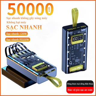  Pin Sạc Dự Phòng 30000 50000MAH sạc nhanh PD120W 20W trong suốt tích hợp 4 dây sạc tích hợp đèn led chiếu sáng PLMALL 