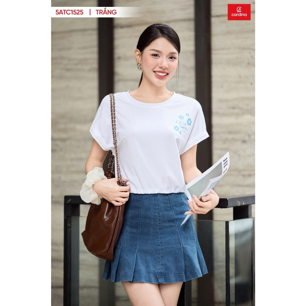 Áo phông nữ CARDINA cao cấp chất cotton tay liền rút gấu cổ tròn phom rộng, họa tiết ở ngực 5ATC15