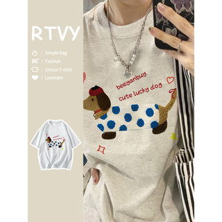 「RTVY」Áo thun Cotton ngắn tay nguyên chất mùa hè dễ thương hình chú chó nhỏ nơ in hình áo thun cho bé dáng rộng dành cho nữ