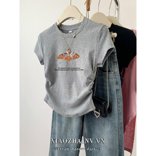 Xiaozhainv Áo Thun Cotton Xám Áo Thun Tay Ngắn Thời Trang Mùa Hè In Hình Crop Top
