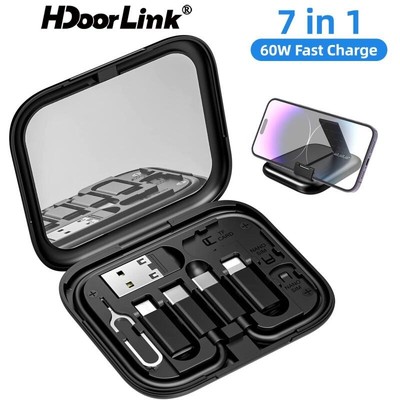 Hộp lưu trữ cáp sạc đa chức năng Hdoorlink 7in1 60W Type-C Micro iOS Adapter có gương giữ