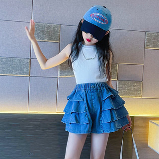 IKIDS Quần đùi jean cô gái quần váy ren bánh mỏng set váy jean cho bé gái