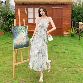 Mùa Hè Sling Đầm Phong Cách Kỳ Nghỉ Cổ Chữ v Đầm Hoa Sling Đầm Nữ Mùa Hè Nhẹ Nhàng Tính Khí Xù Chia Sling Đầm Dài