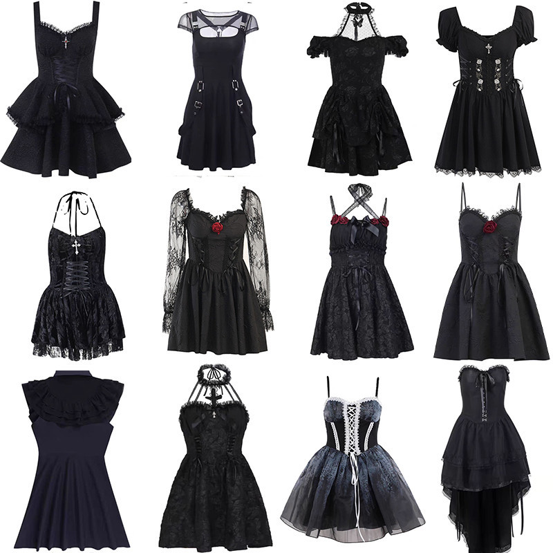 Đầm nữ hát nhóm Đầm Ngắn Tay Cá Tính Lolita tối màu váy phồng eo váy ren mềm cho Nữ Halloween