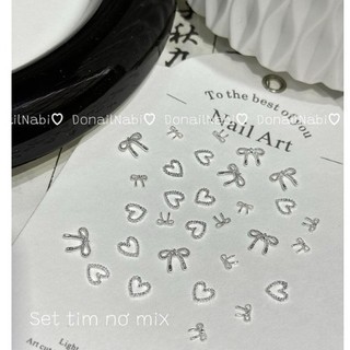 Set charm trái tim mix nơ trang trí móng tay hottrend