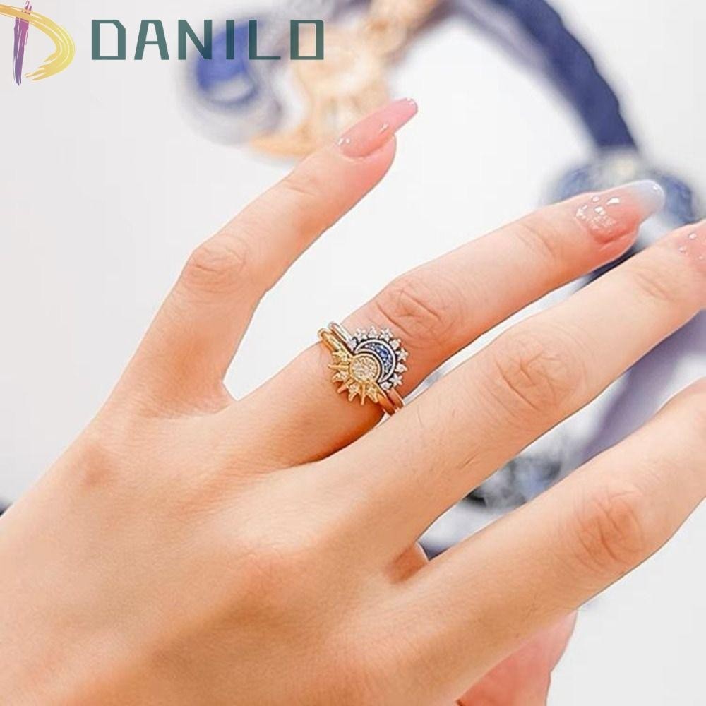 Nhẫn đeo tay mặt trăng DANILO, Nhẫn chống nắng bằng kim cương giả hợp kim mở, Trang sức thời trang Phong cách Hàn Quốc Cặp đôi bạc có thể điều chỉnh Nhẫn Hipster