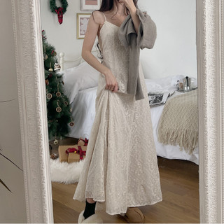 Phong Cách Pháp ~ INS Tối Giản Lười Lãng Mạn Cao Cấp Thiết Kế Công Nghiệp Nặng Ren Sling Đầm Nữ Váy Dài