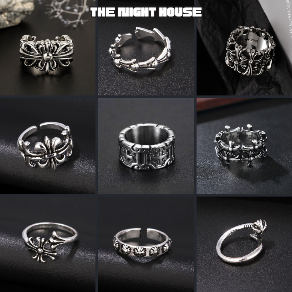 Nhẫn CH Nam Nữ Thép Cao Cấp Khắc Chữ Mạ Bạc Không Rỉ Họa Tiết Thánh Giá Nhẫn Freesize Unisex CH The Night House