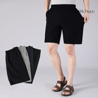 Stitchique _ High-Waist Co Giãn Thắt Lưng Nam Quần Short Dây Kéo Túi Ống Rộng Màu Trơn Trung Niên Ice Silk Quần Short Thể Thao