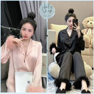 Đồ Ngủ Nữ, Bộ Ngủ Mặc Nhà Pijama JULY Lụa Latin Phối Lông Vũ 2 Màu Freesize