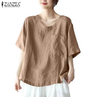 Zanzea Áo Sơ Mi Tay Ngắn Cổ Tròn Hàn Quốc