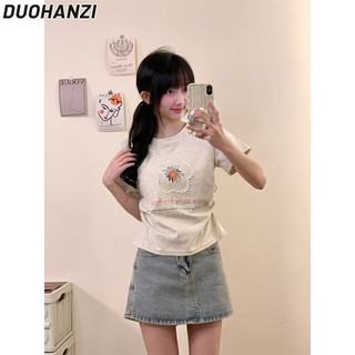 Áo thun nữ DUOHANZI phong cách Hàn Quốc Áo thun giản dị đơn giản in hình dễ thương vai mỏng tay ngắn