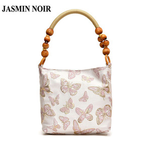 Jasmin NOIR Lụa Thêu Bướm Nữ Đeo Vai Retro Đính Hạt Túi Xách Xô Túi Đeo