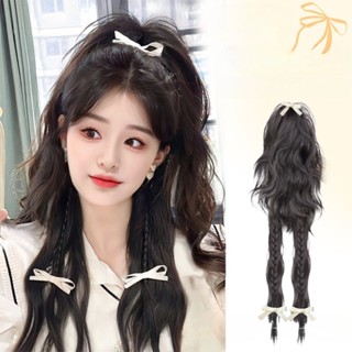 Y2k Dopamine Bé Gái Nơ Xoăn Bện Kẹp Tóc Giả Đuôi Ngựa Mô Phỏng Đấm Bốc Nửa Buộc Nữ Tóc Nối Dài
