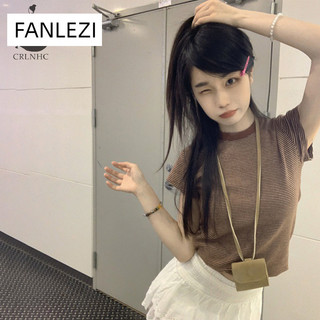 Crlnhc Mùa Hè Retro Sọc Tròn Tay Ngắn Thời Trang Nữ Slim Crop Top vn