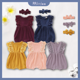 Bộ áo liền quần MIKRDOO không tay chất vải cotton + băng đô trơn màu xinh xắn thời trang cho bé sơ sinh