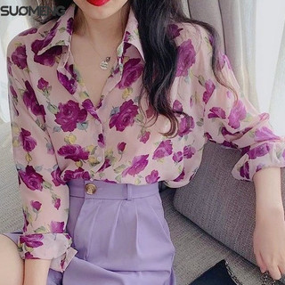 Áo sơ mi voan SUOMENG cổ chữ V dài tay thời trang thiết kế mới dành cho nữ
