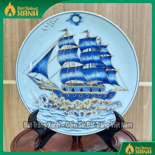 Đĩa sứ trang trí, đĩa sứ men lam vẽ vàng24k họa tiết phi 26cm, gốm sứ vẽ vàng bát tràng cao cấp