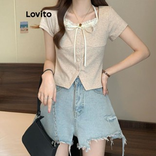 Áo thun Lovito vải ren màu trơn giả 2 trong 1 có dây buộc phía trước phong cách thường ngày dành cho nữ LNE56201