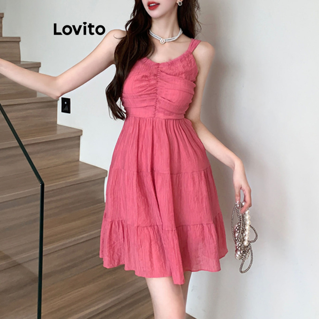 Đầm Lovito xếp ly màu trơn phong cách thường ngày cho nữ LNA49212