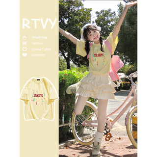 「RTVY」Áo thun ngắn tay màu vàng dành cho nữ mùa hè Dopamine cổ tròn dáng rộng