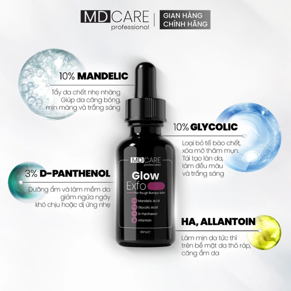 Ảnh 4 của Tẩy Tế Bào Chết Làm Sáng, Mờ Thâm, Đều Màu Và Da Kiểm Soát Mụn MD Care 10ml, 30ml